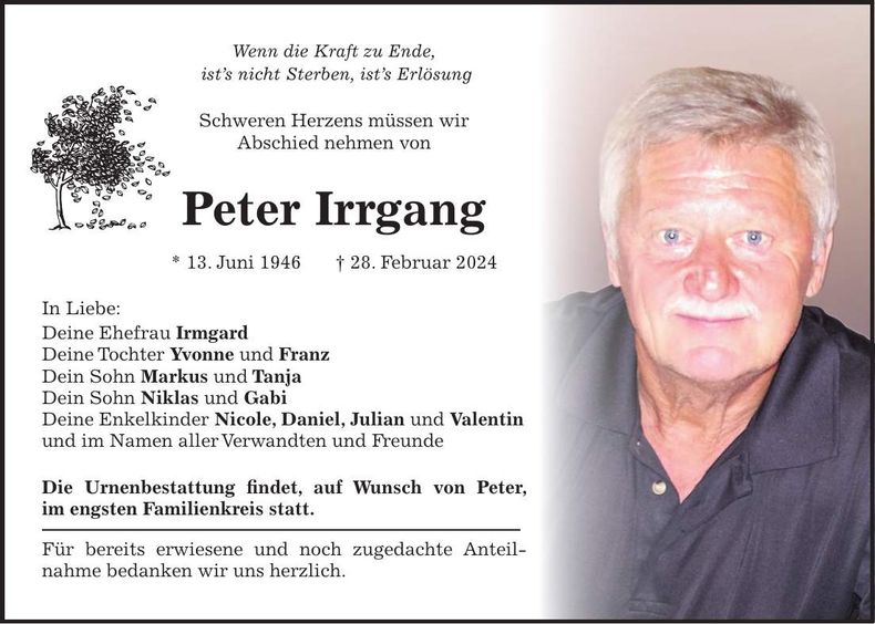 Traueranzeige Peter Irrgang