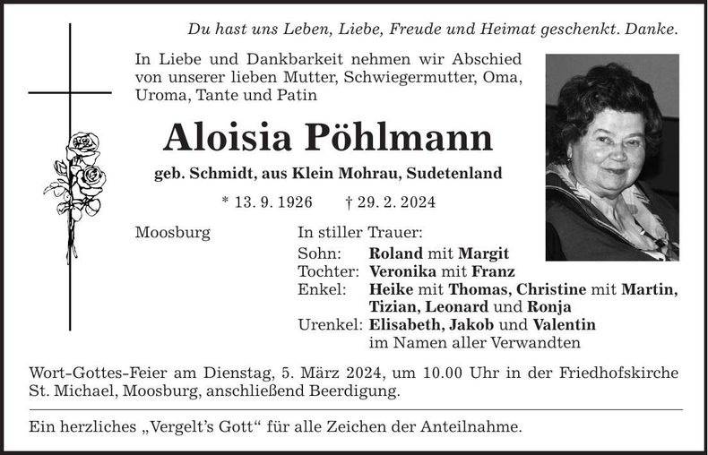 Traueranzeige Aloisia Pöhlmann