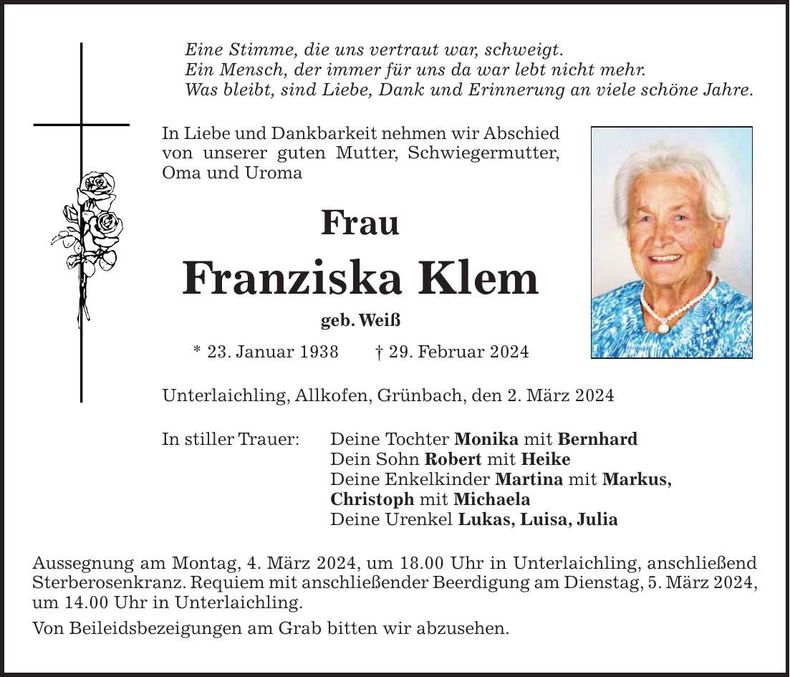 Traueranzeige Franziska Klem
