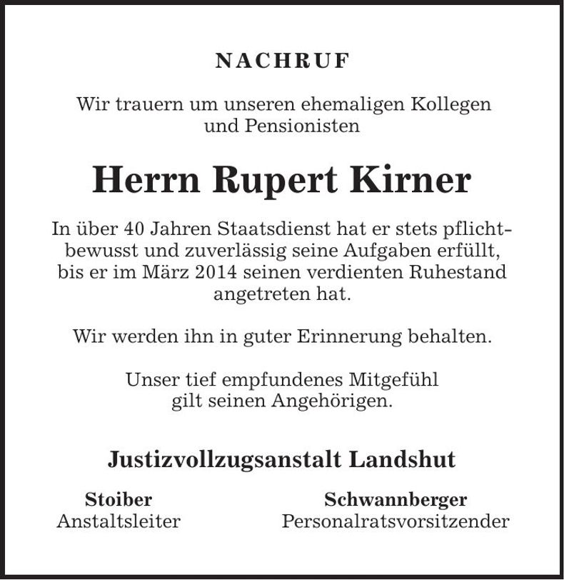 Traueranzeige Rupert Kirner