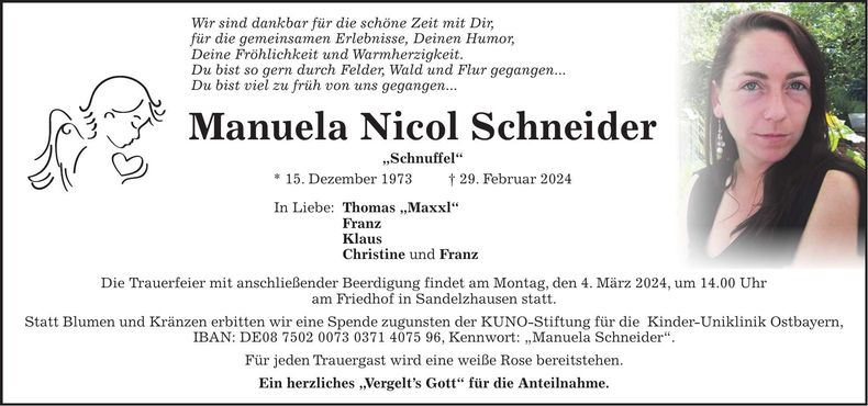 Traueranzeige Manuela Schneider