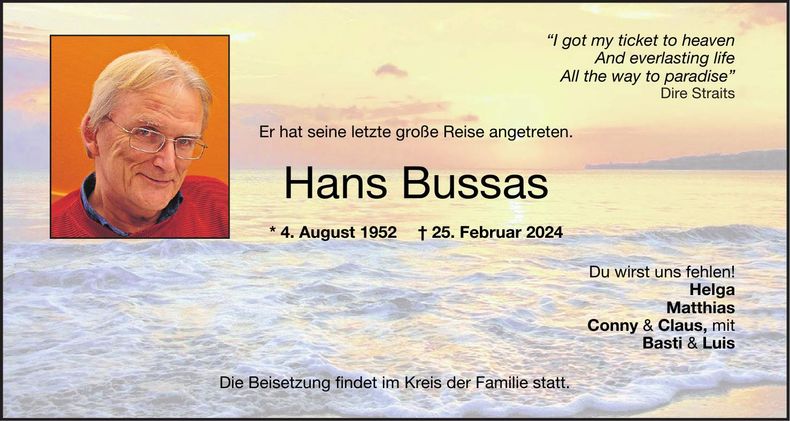 Traueranzeige Hans Bussas