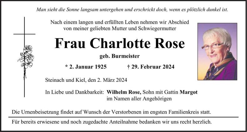 Traueranzeige Charlotte Rose