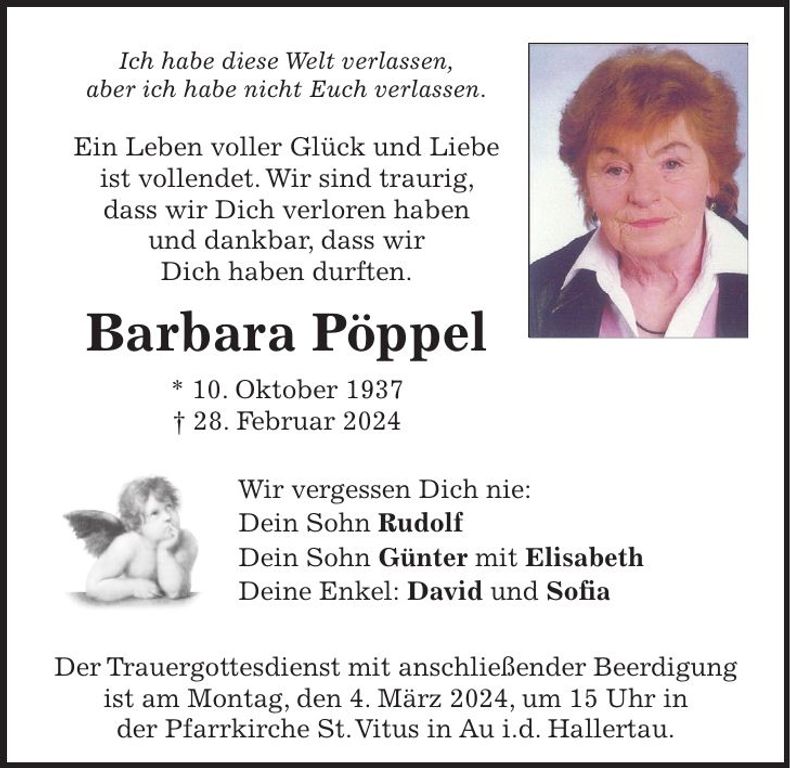 Traueranzeige Barbara Pöppel