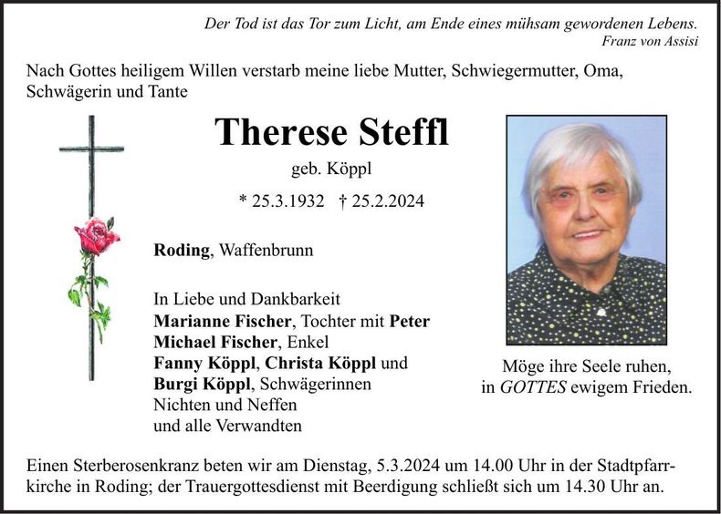 Traueranzeige Therese Steffl