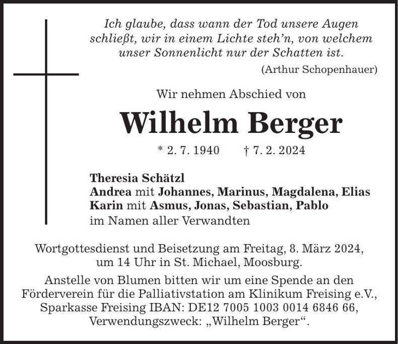 Traueranzeige Wilhelm Berger