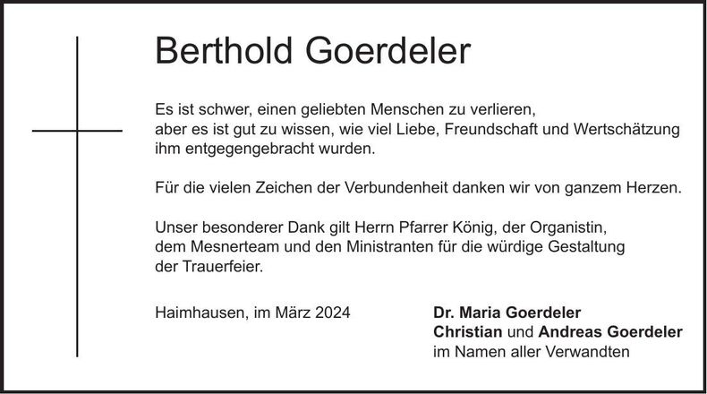 Traueranzeige Berthold Goerdeler