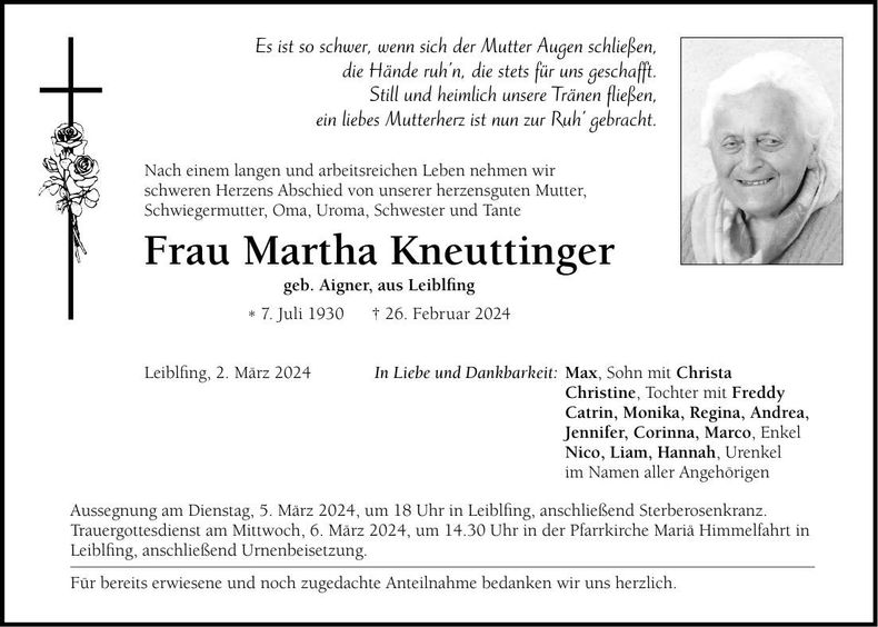 Traueranzeige Martha Kneuttinger