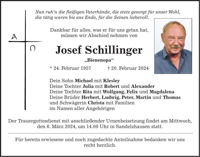 Traueranzeige Josef Schillinger