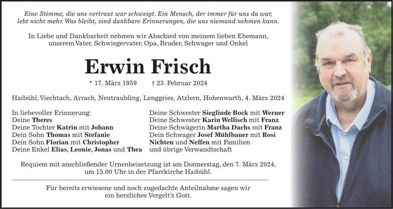Traueranzeige Erwin Frisch