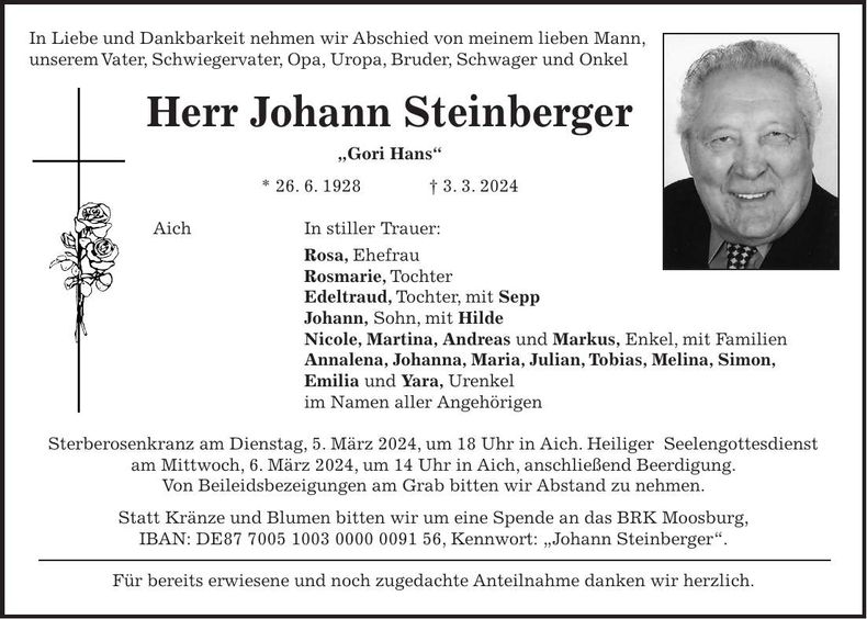Traueranzeige Johann Steinberger