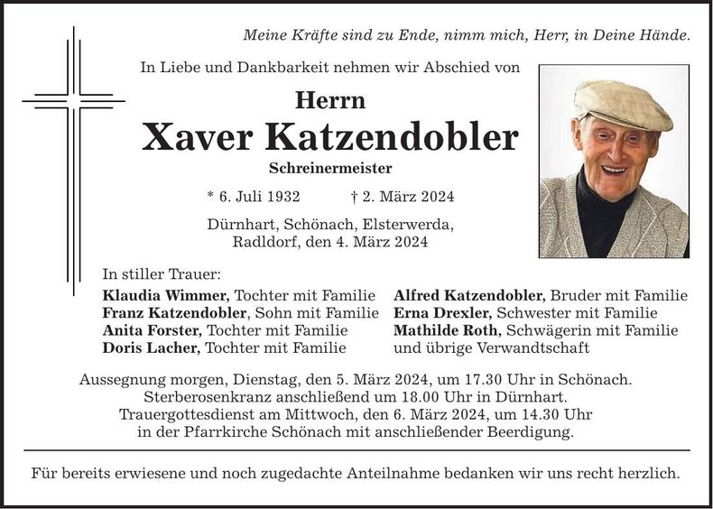 Traueranzeige Xaver Katzendobler