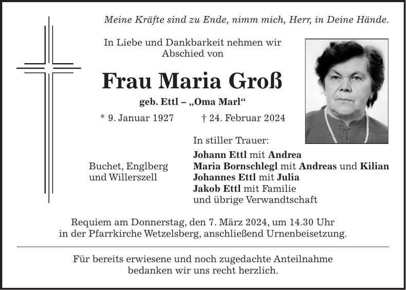 Traueranzeige Maria Groß