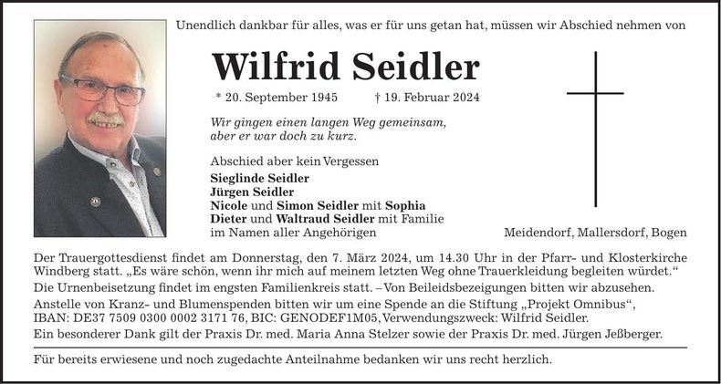 Traueranzeige Wilfrid Seidler