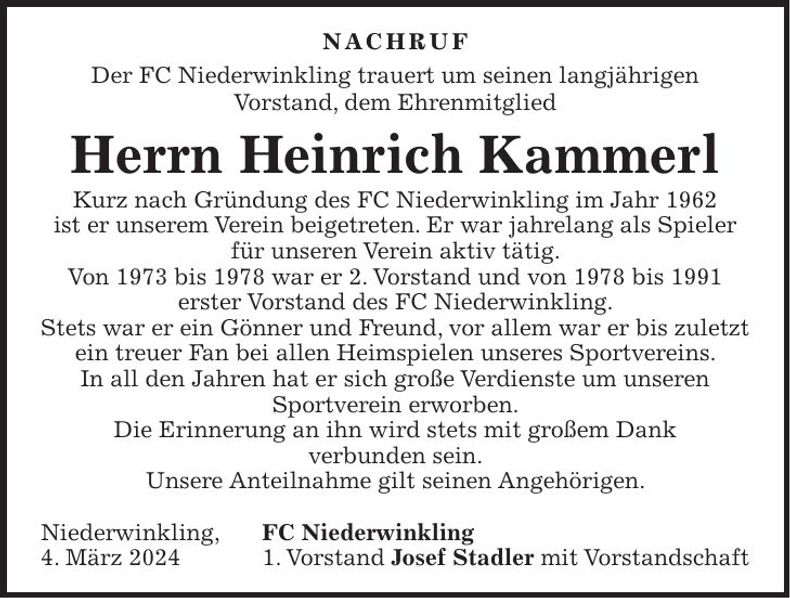 Traueranzeige Heinrich Kammerl
