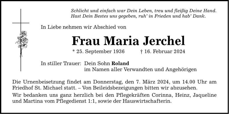 Traueranzeige Maria Jerchel