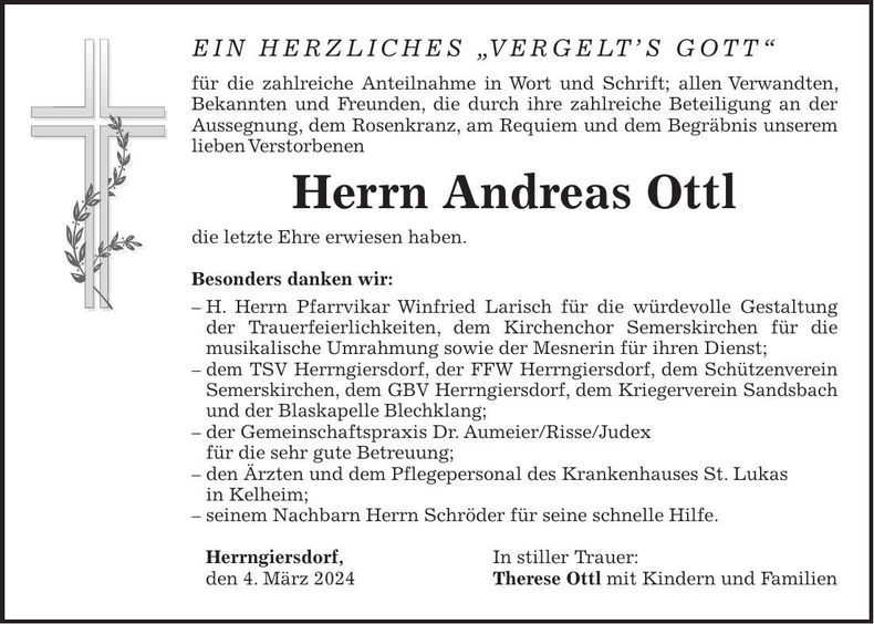 Traueranzeige Andreas Ottl