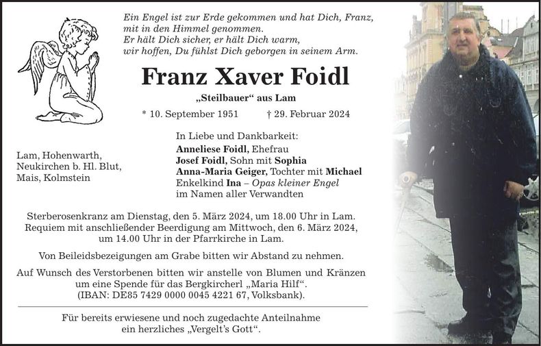 Traueranzeige Xaver Foidl