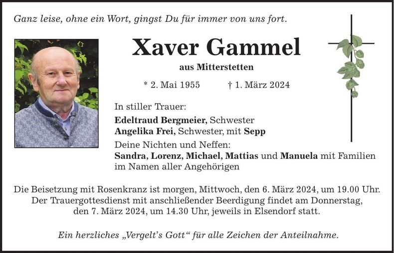 Traueranzeige Xaver Gammel