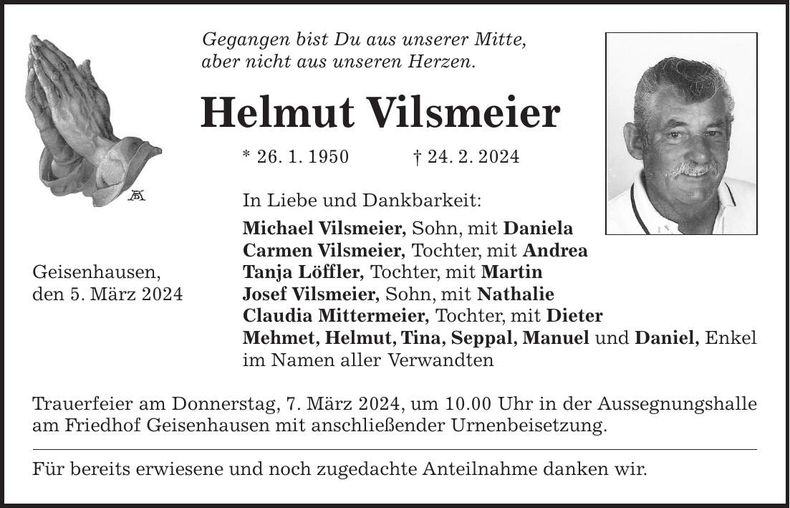 Traueranzeige Helmut Vilsmeier