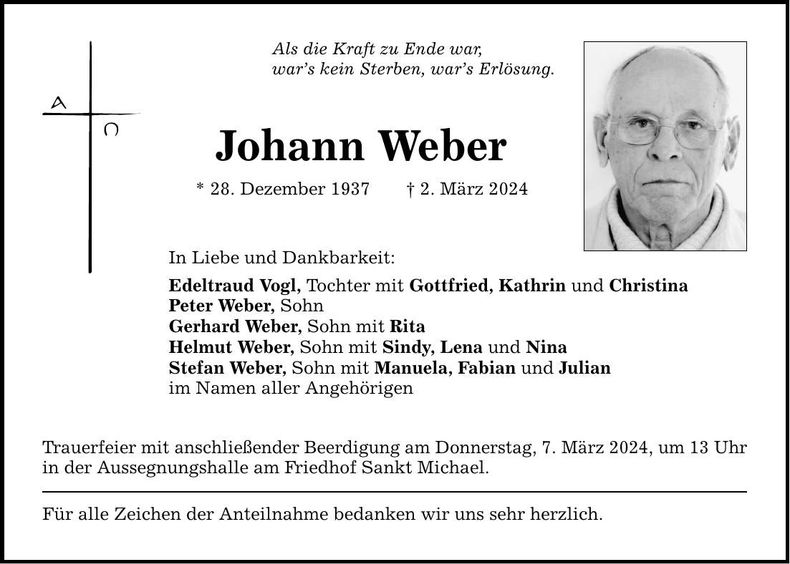 Traueranzeige Johann Weber