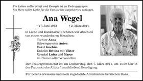 Traueranzeige Ana Wegel