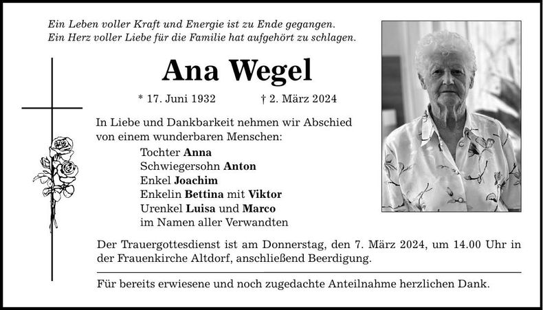 Traueranzeige Ana Wegel