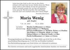 Traueranzeige Maria Wenig