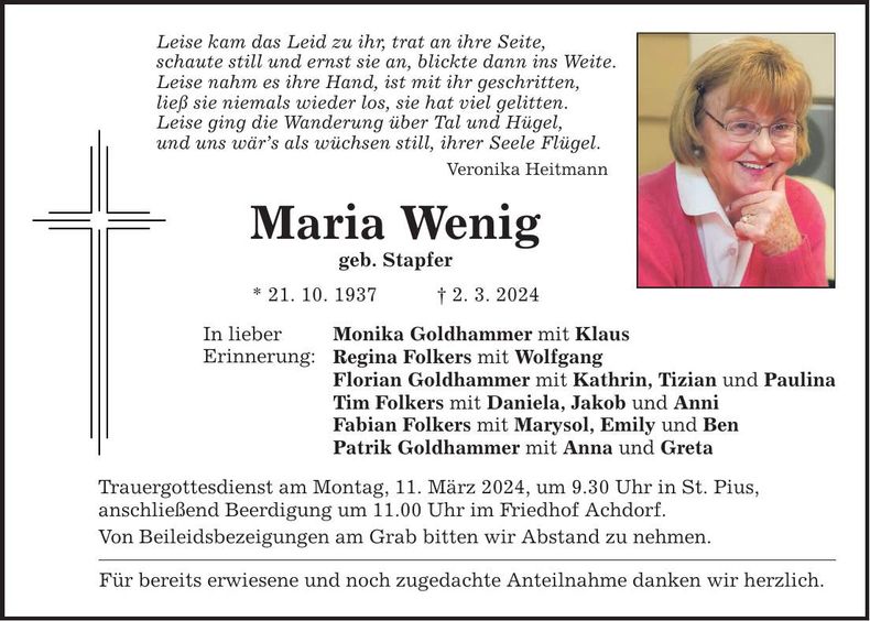 Traueranzeige Maria Wenig
