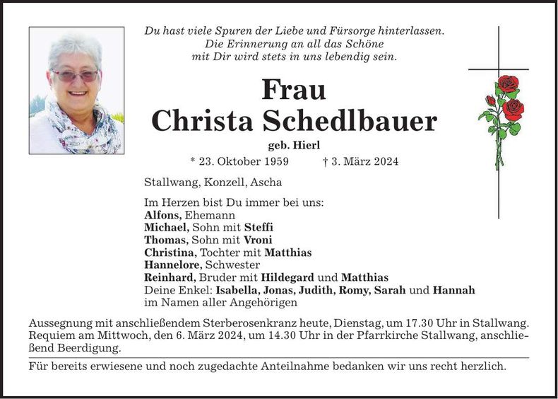 Traueranzeige Christa Schedlbauer