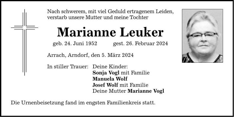Traueranzeige Marianne Leuker