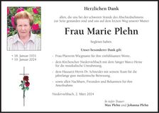 Traueranzeige Marie Plehn