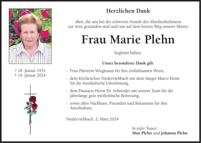 Traueranzeige Marie Plehn
