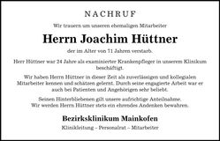 Traueranzeige Joachim Hüttner