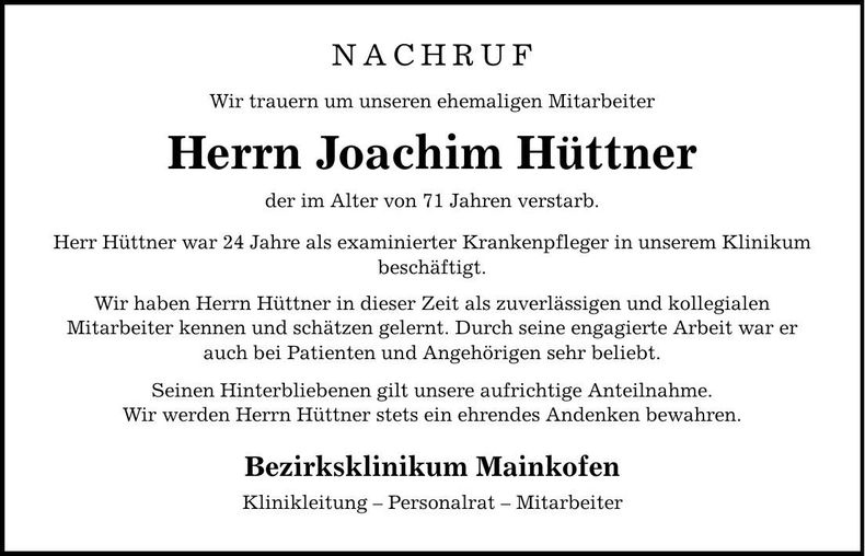 Traueranzeige Joachim Hüttner