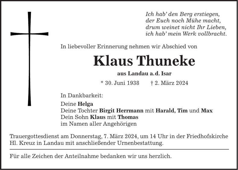 Traueranzeige Klaus Thuneke