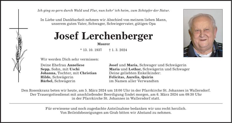 Traueranzeige Josef Lerchenberger
