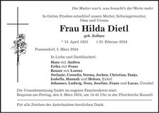 Traueranzeige Hilda Dietl