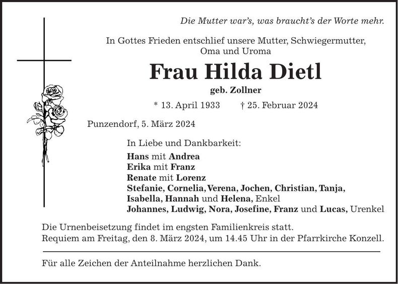 Traueranzeige Hilda Dietl