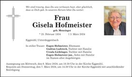Traueranzeige Gisela Hofmeister
