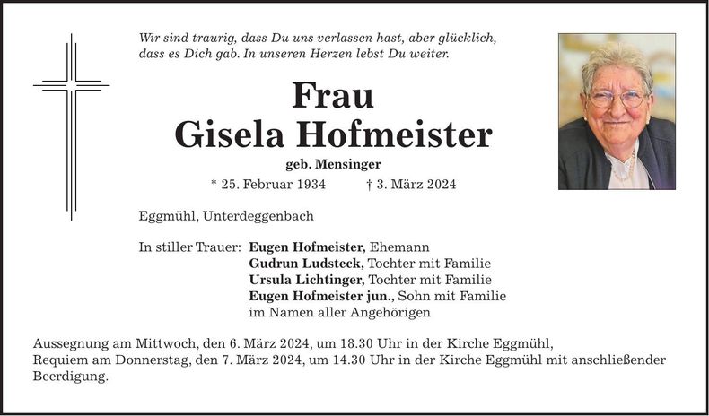 Traueranzeige Gisela Hofmeister