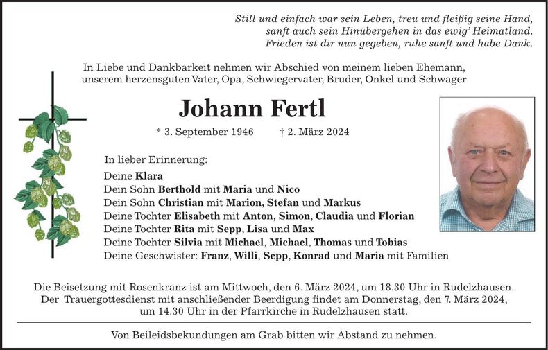 Traueranzeige Johann Fertl