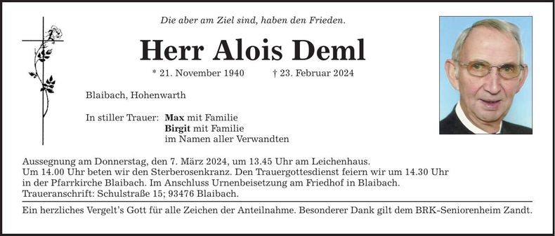 Traueranzeige Alois Deml