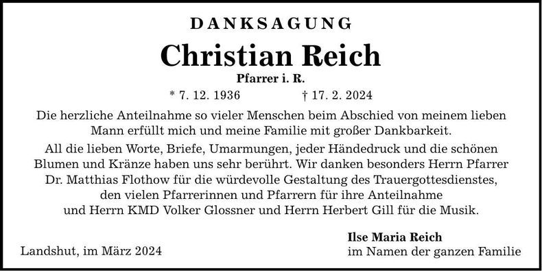 Traueranzeige Christian Reich