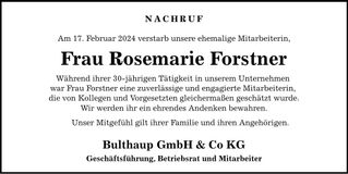 Traueranzeige Rosemarie Forstner