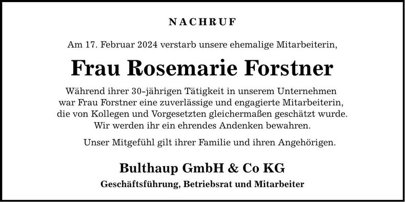 Traueranzeige Rosemarie Forstner