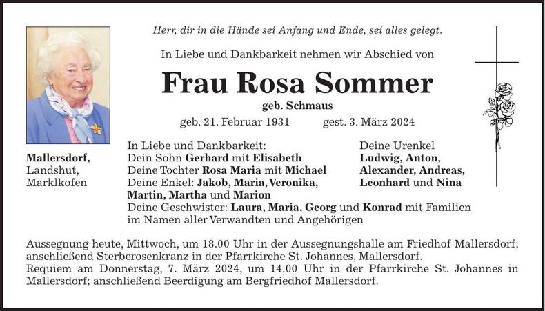 Traueranzeige Rosa Sommer