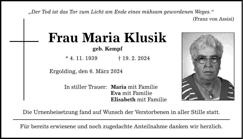 Traueranzeige Maria Klusik
