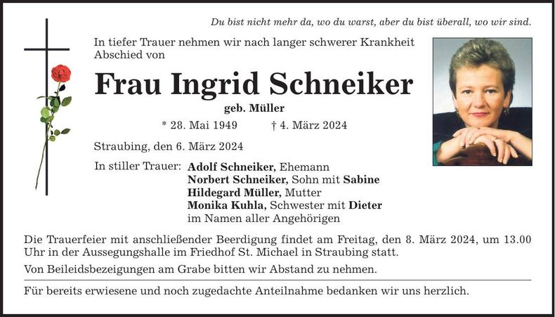 Traueranzeige Ingrid Schneiker