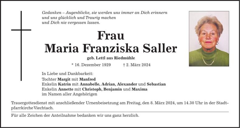 Traueranzeige Saller Maria